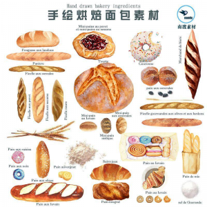 手绘水彩面包烘焙法棍甜甜圈甜点手账卡片PNG免扣图设计素材-婷好淘宝虚拟货源
